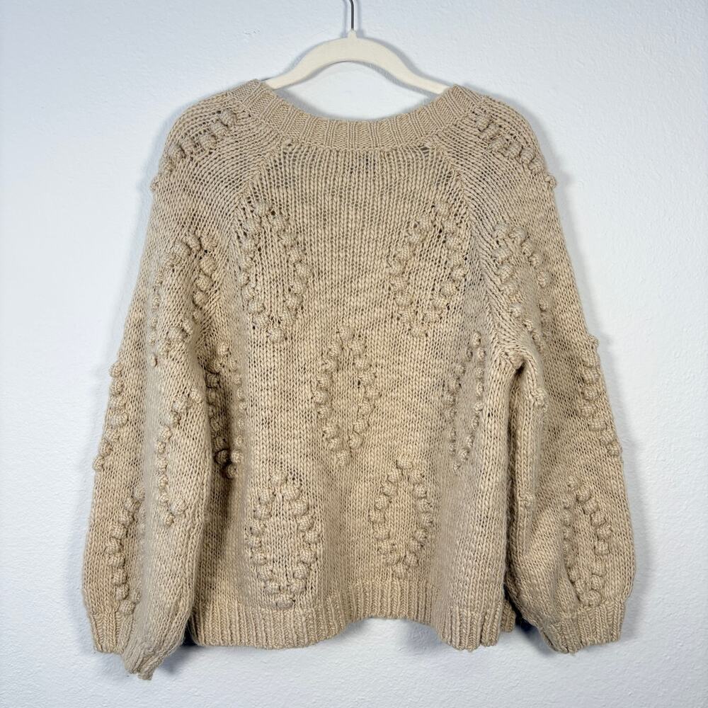 Lucky Brand Cream Open Front Chunky Diamond Knit Bobble Cardigan Sweater - Picture 7 of 9